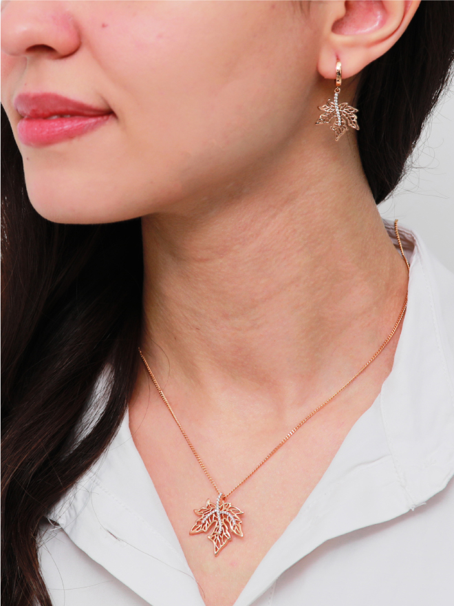 Parure Collier et Boucles Feuille Rosé Chic