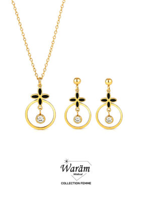 Parure Collier Boucles Fleur Noire Dorée