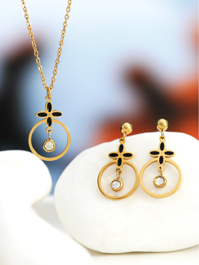 Parure Collier Boucles Fleur Noire Dorée