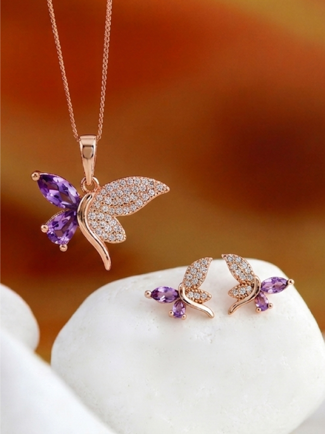 Parure Collier Boucles Papillon Violet Cristaux