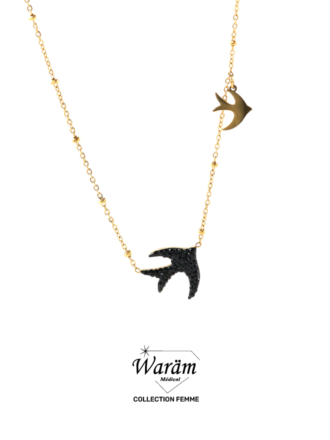 collier-hirondelle-noir-dore-hypoallergenique Collier Hirondelle Doré avec Zircons