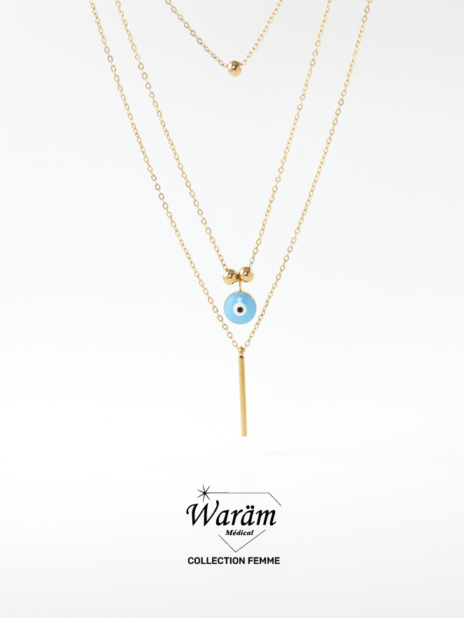 Collier œil bleu multi-chaînes doré élégant